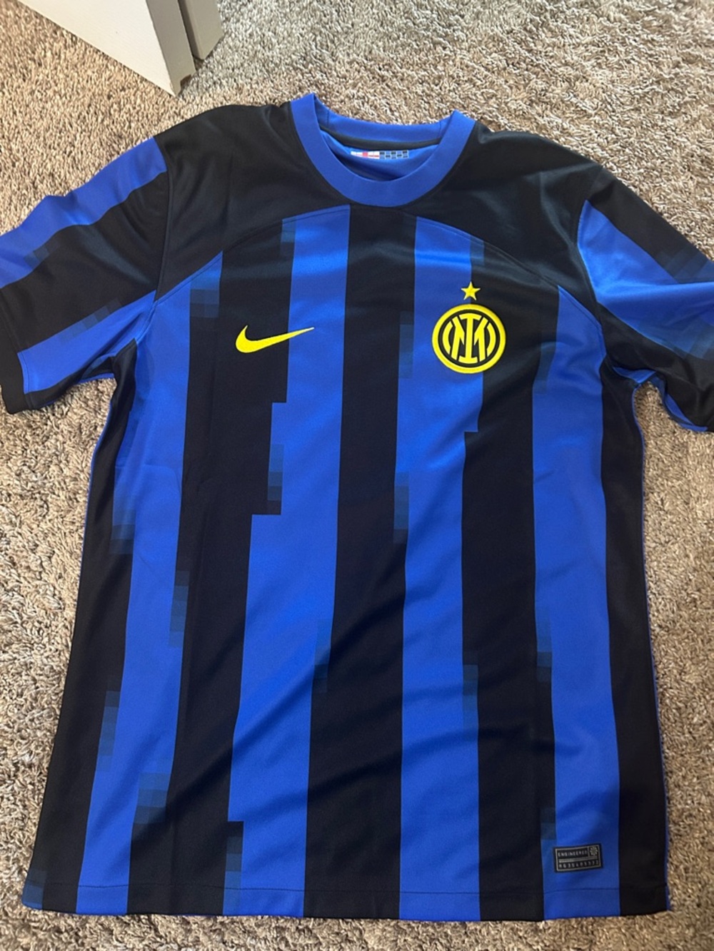 Nike Blue & Black Striped Soccer Jersey with Yellow Accents